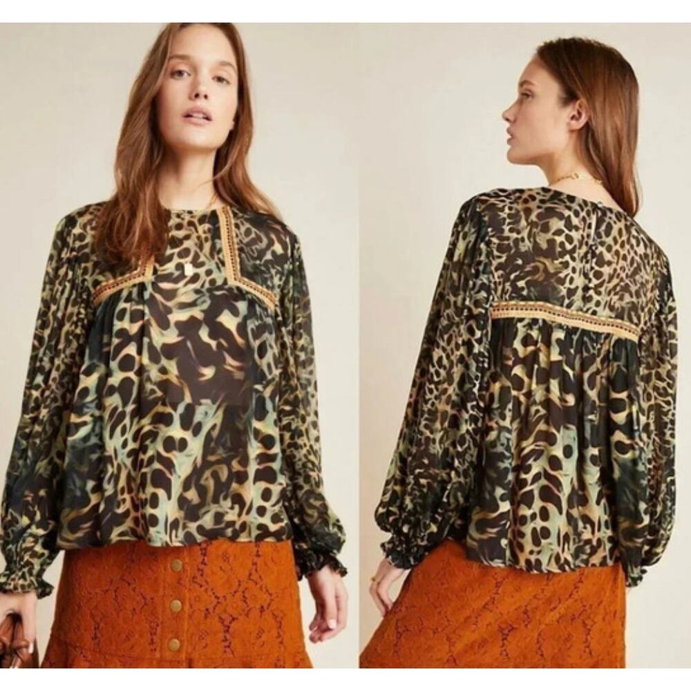 Anthropologie Bl-nk London Joelle Leopard Peasant Blouse Size Small